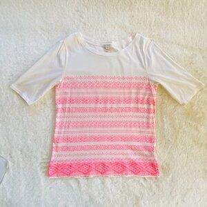 J. Crew Factory Outlet Women’s White Top Bright Pink Embroidered Hemline size S